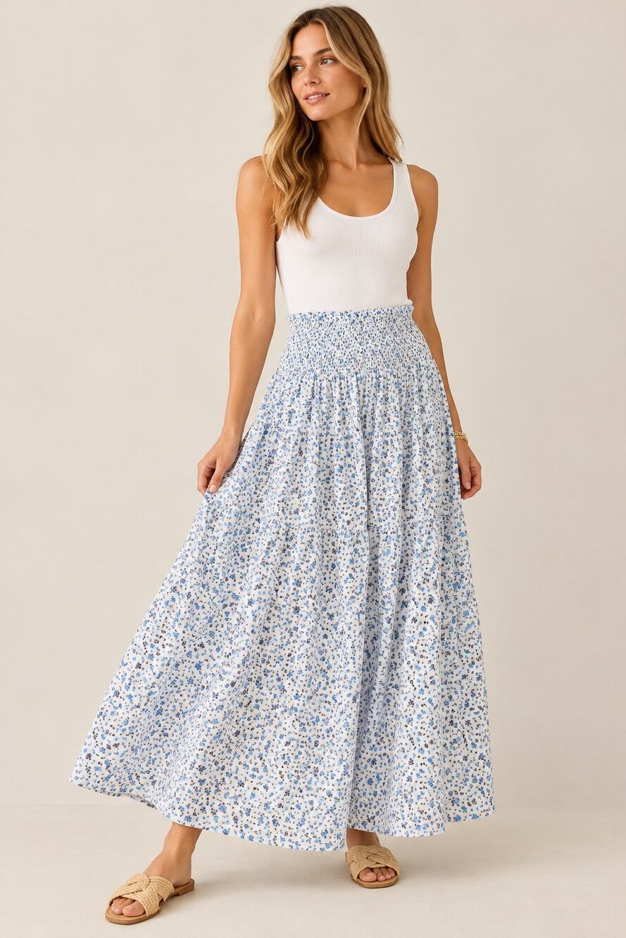 NWT Hyacinth House Floral Maxi Skirt L Blue Smocked Cottagecore Prairie
